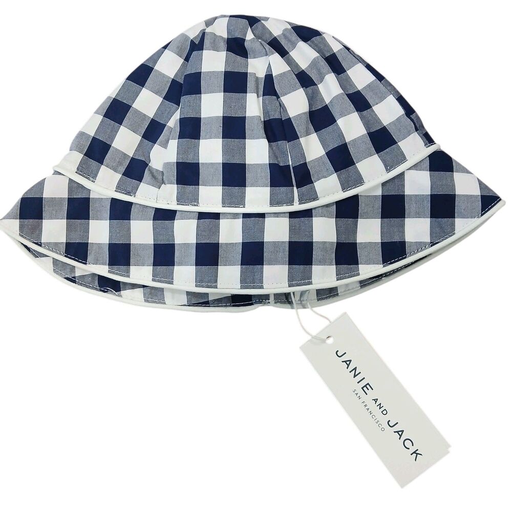 NEW Janie and Jack Cotton Navy Plaid Bucket Hat Blue Size 6-12 Months Strap